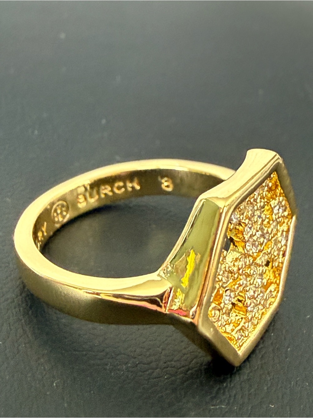 Tory Burch | Gold Pavé Logo Hexagon Ring | Size 8 - Picture 2 of 2